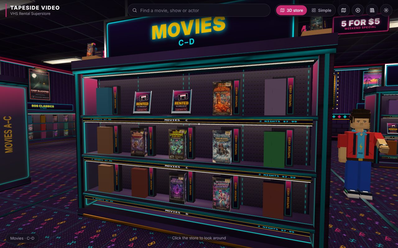 A neon-lit shelf of rental tapes inside Tapeside Video, with a store clerk standing nearby